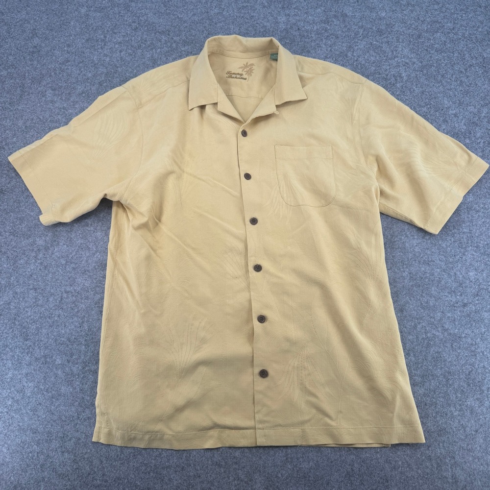 Tommy Bahama Mens Medium Tan 100% Silk Tropical Palm Jacquard Camp Shirt SS